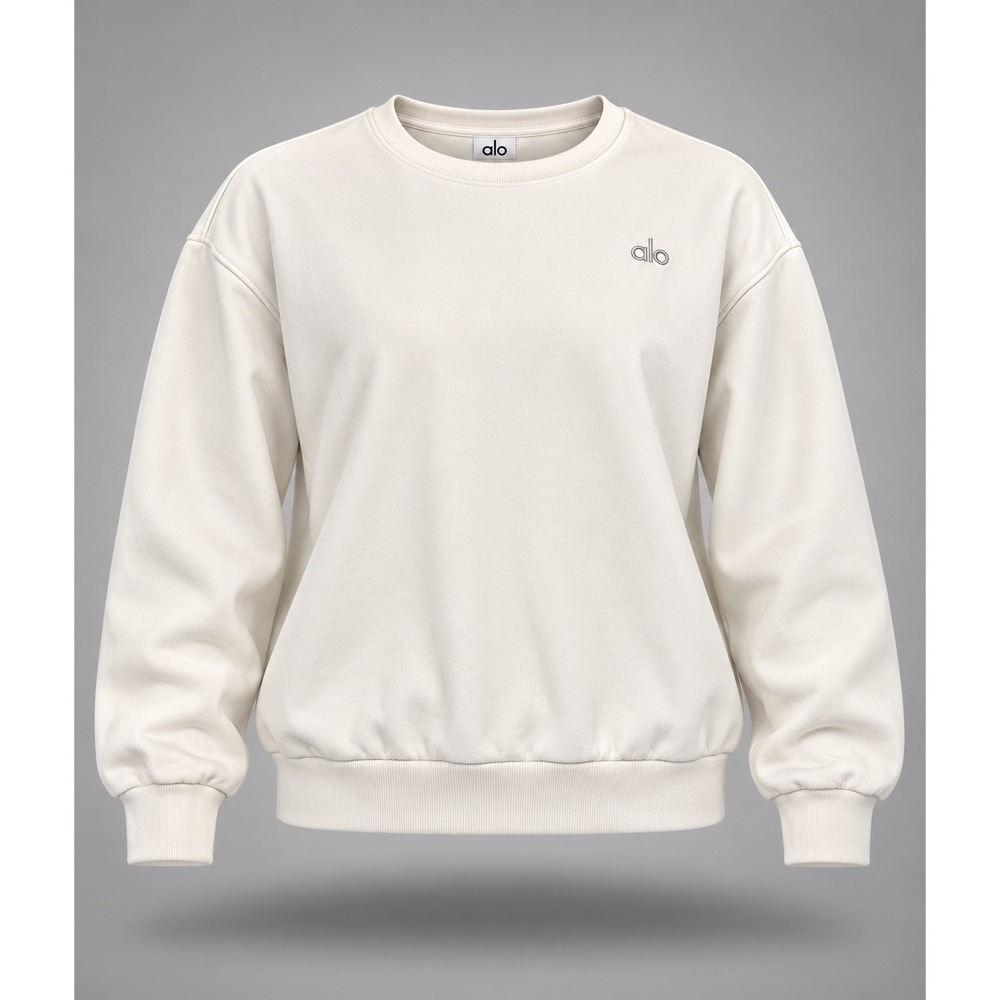 Alo Yoga Accolade Crew Neck Sweatshirt Ivory Bone White Fleece Pullover Small